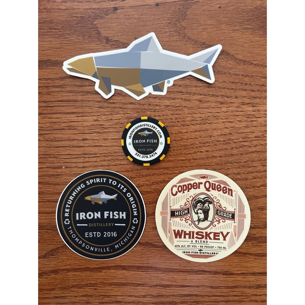 Iron Fish Distillery swag decals poker chip